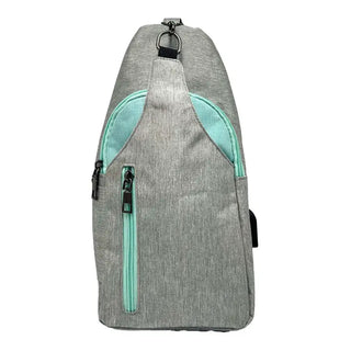 A gray and aqua colored anti-theft daypack with a zipper closure, a USB port, and an external pocket.