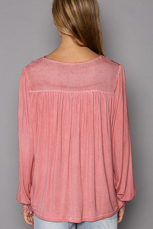 POL Feminine Floral Embroidery Woven Top in Guava