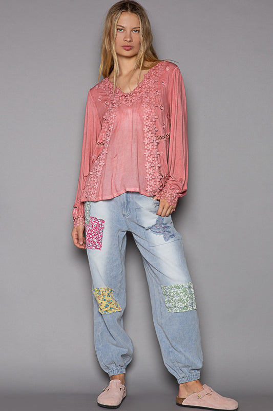 POL Feminine Floral Embroidery Woven Top in Guava