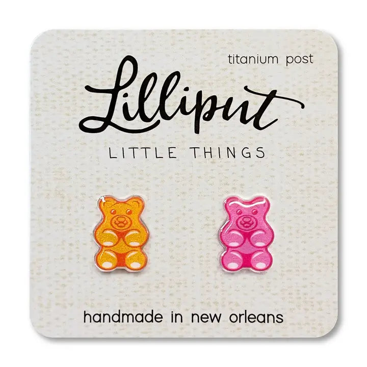 one pink gummy bear and one orange gummy bear post earrings