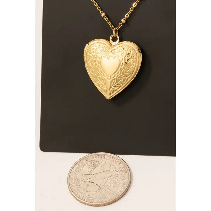 Gold Floral Engraved Heart Locket Pendant