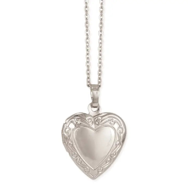 Silver heart-shaped locket on a chain against a white background