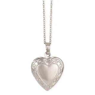 Silver heart-shaped locket on a chain against a white background