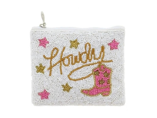 White Beaded with "Howdy" and Pink Cowboy Boot and Stars Coin Purse