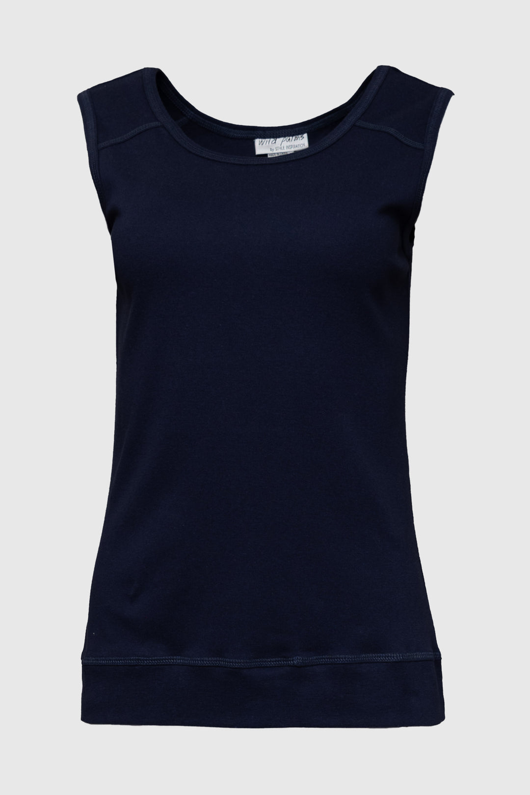 Navy blue sleeveless top on a light gray background