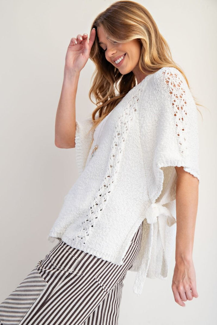 Cotton Knit Sweater Poncho in Off White