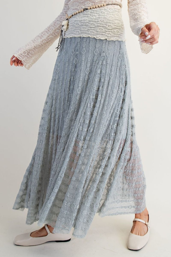 dusty blue lace maxi skirt with elastic band waist