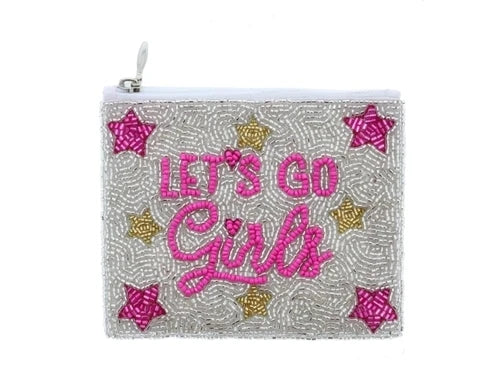 Silver Beaded with Hot Pink "LET'S GO Girls" and Stars Coin Purse