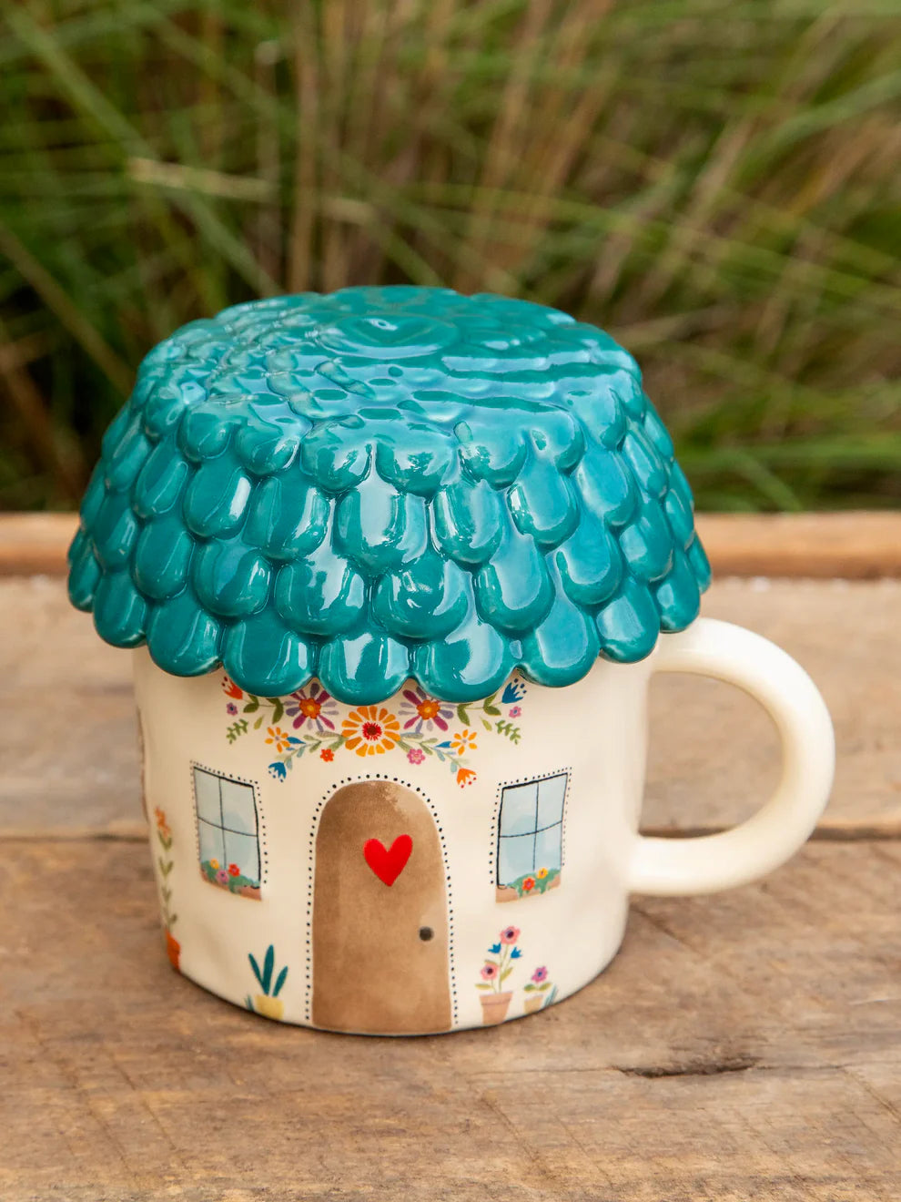 Lidded Ceramic Mug "Cup of Cozy" Cottage