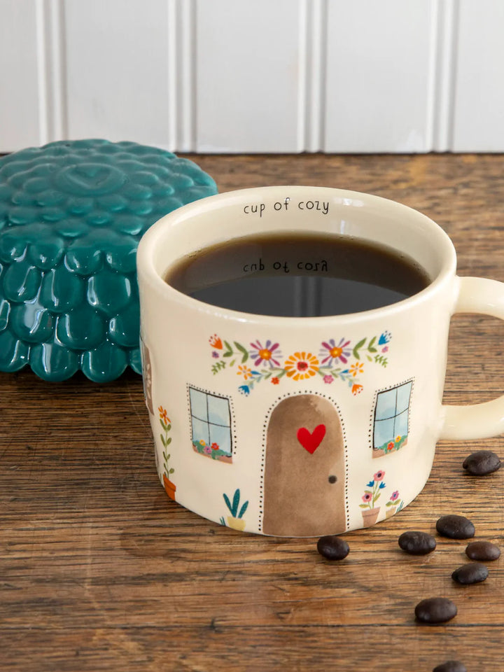 Lidded Ceramic Mug "Cup of Cozy" Cottage