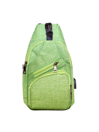 A lime green anti-theft daypack with zipper closure and a USB port on the exterior.