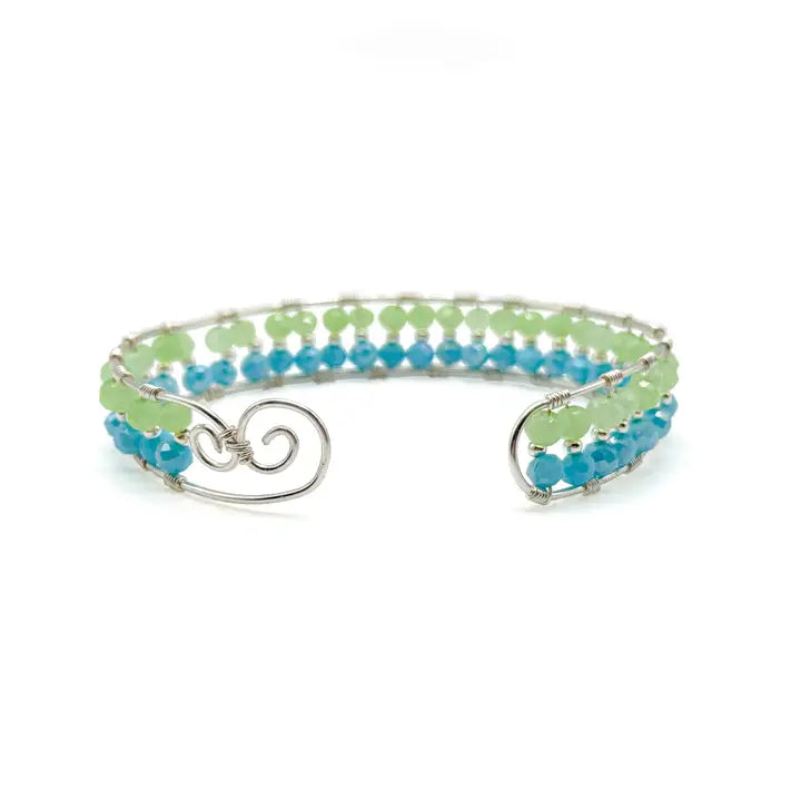 blue and green beaded silver cuff bracelet