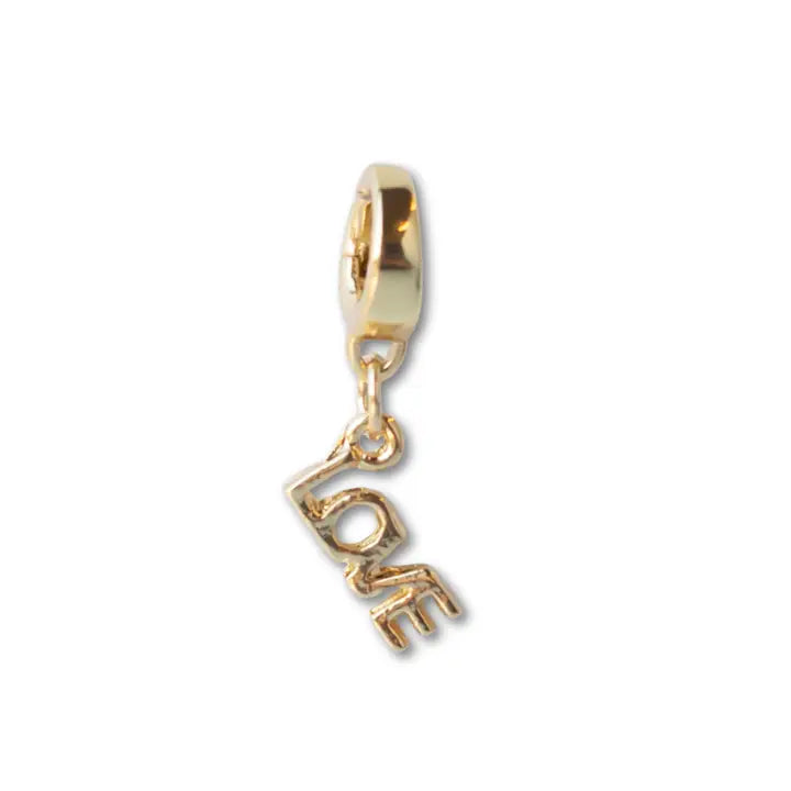 Gold charm with 'LOVE' letters on a white background