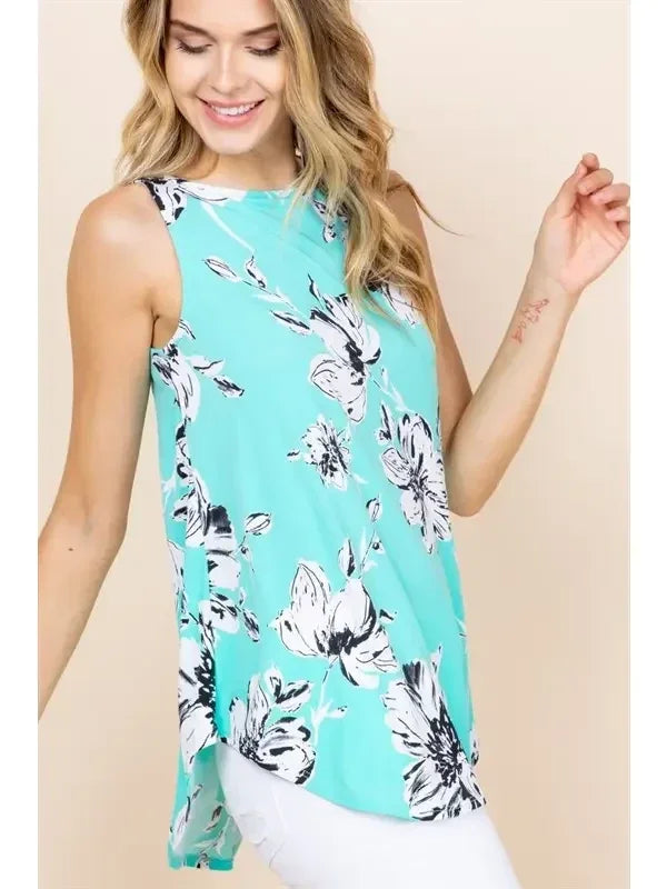 Mint Sleeveless Floral Swing Tunic Top
