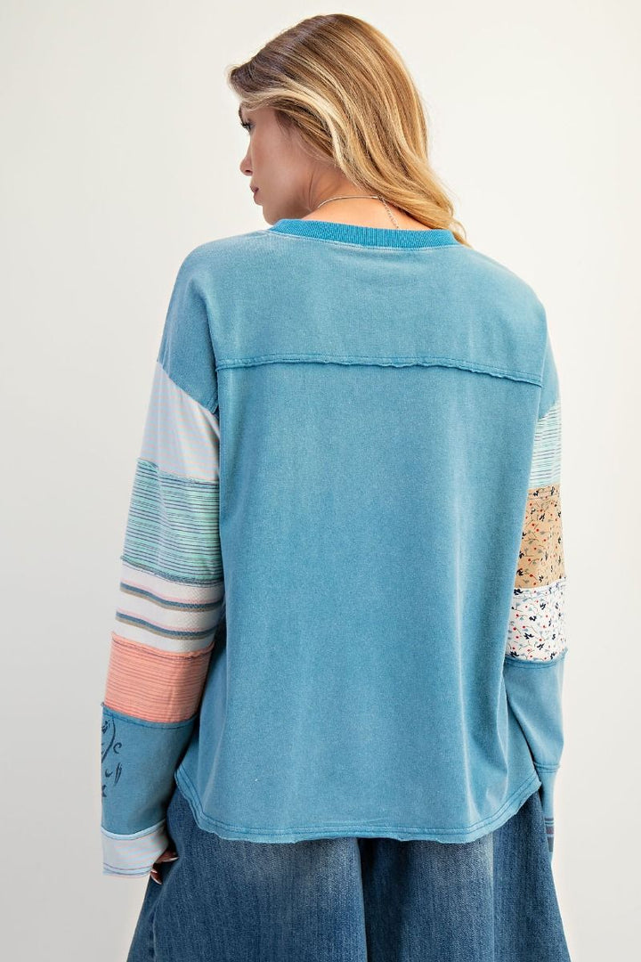 Stripe Mix Terry Pullover in Faded Teal