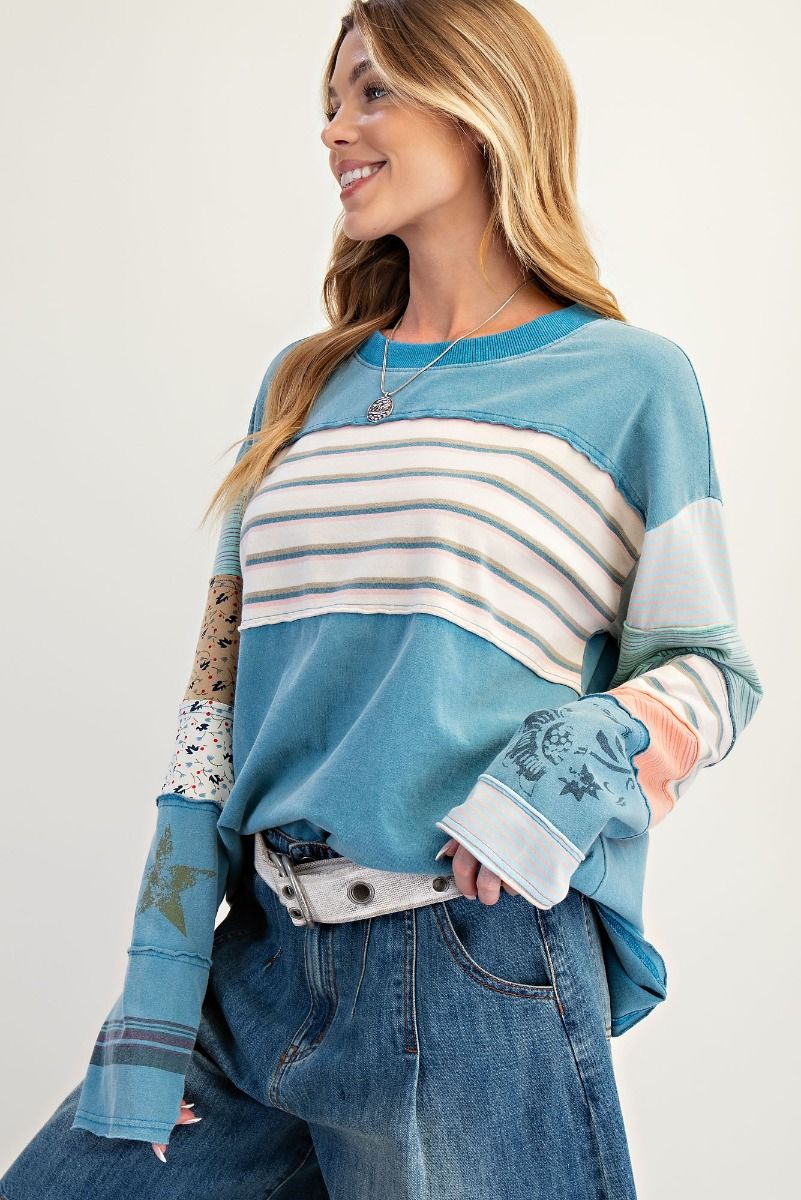 Stripe Mix Terry Pullover in Faded Teal