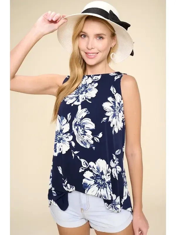 Navy Sleeveless Floral Swing Tunic Top