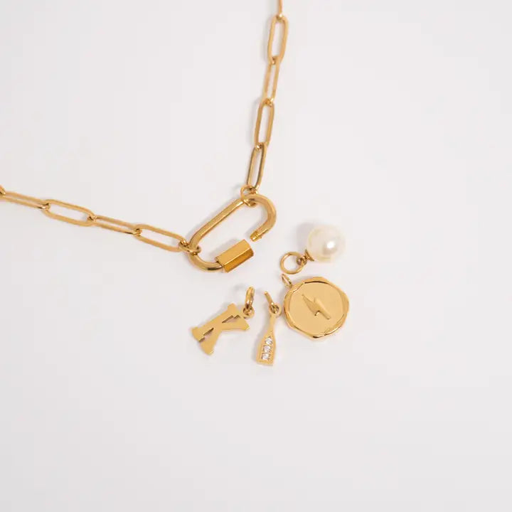 Gold Necklace-18" Paper Clip with Carabiner Charm Bar Necklace