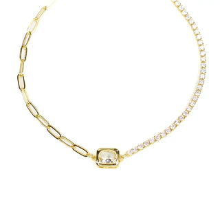 Paper Clip Crystal Tennis Necklace 18K Gold