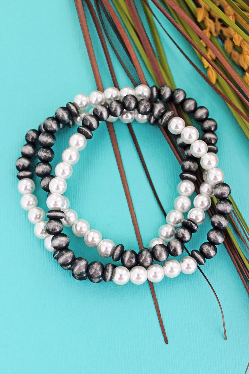 Silver and White Pearl Bracelet Set