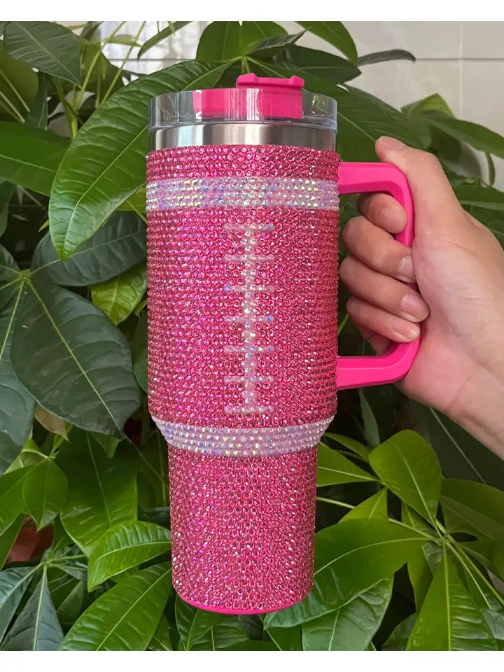 Pink Crystal Football "Blinged Out" Tumbler