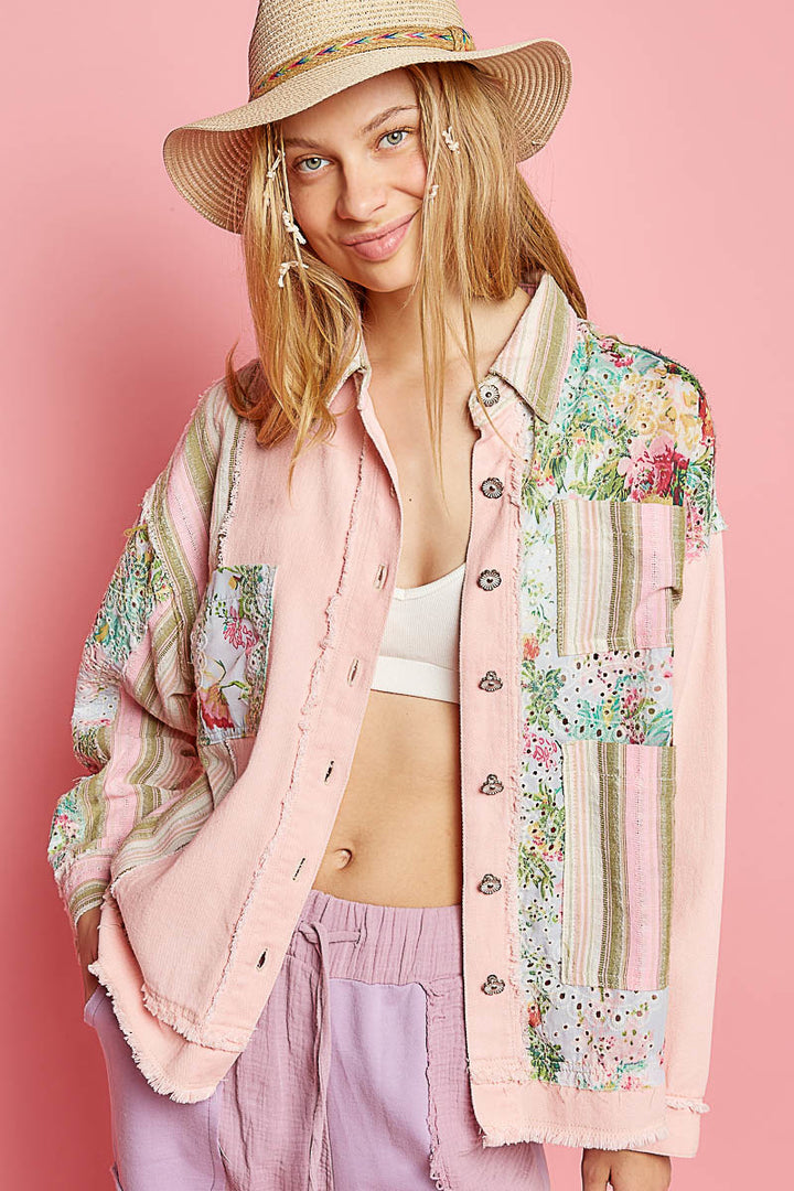 POL Oversize Floral Print and Plaid Shacket