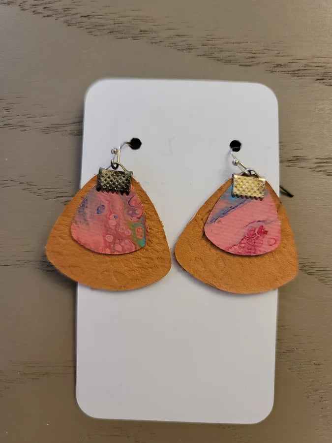 Leather and Pink Canvas Swirl Earrings