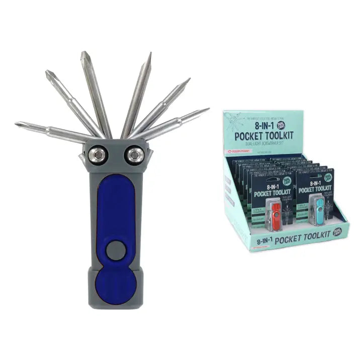 8-in-1 pocket toolkit with blue handle and metallic components, displayed with packaging.
