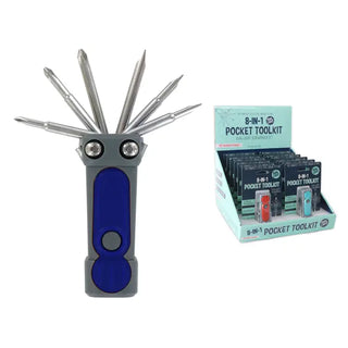 8-in-1 pocket toolkit with blue handle and metallic components, displayed with packaging.