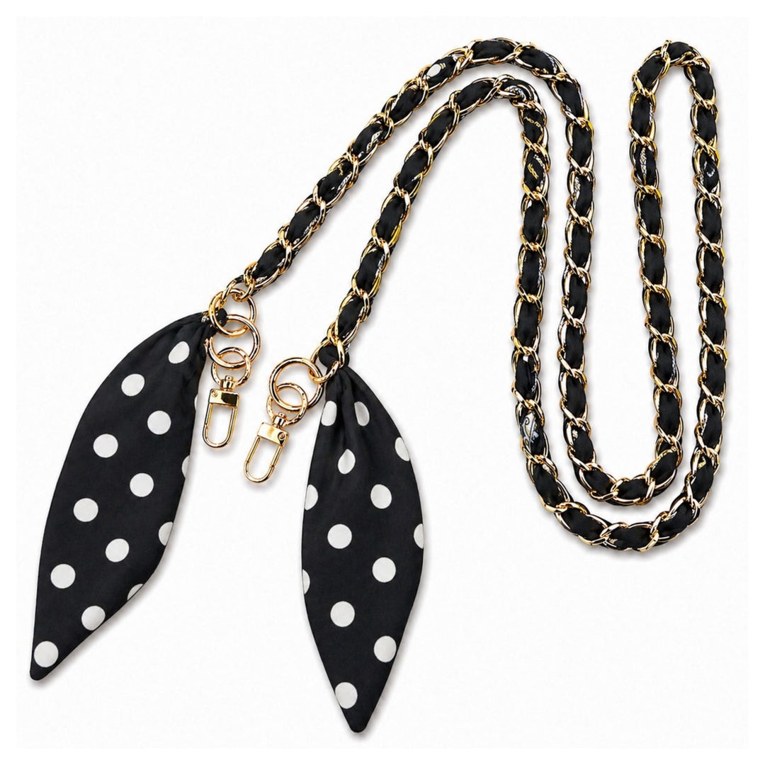 Navy polka dot silk scarf phone holder crossbody