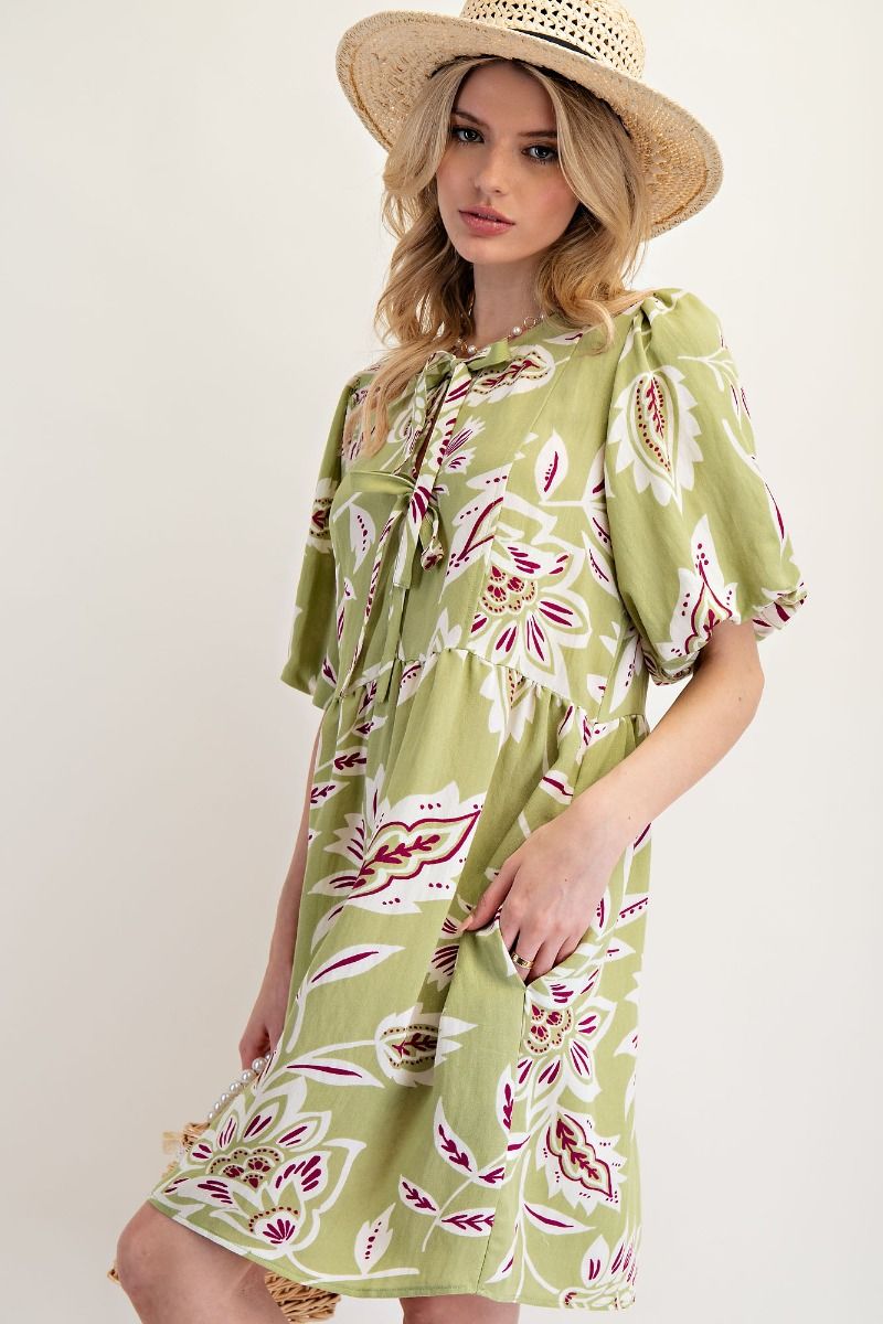 Printed Linen Midi Dress in Sage