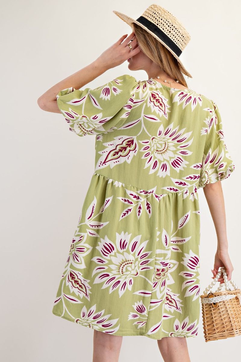 Printed Linen Midi Dress in Sage