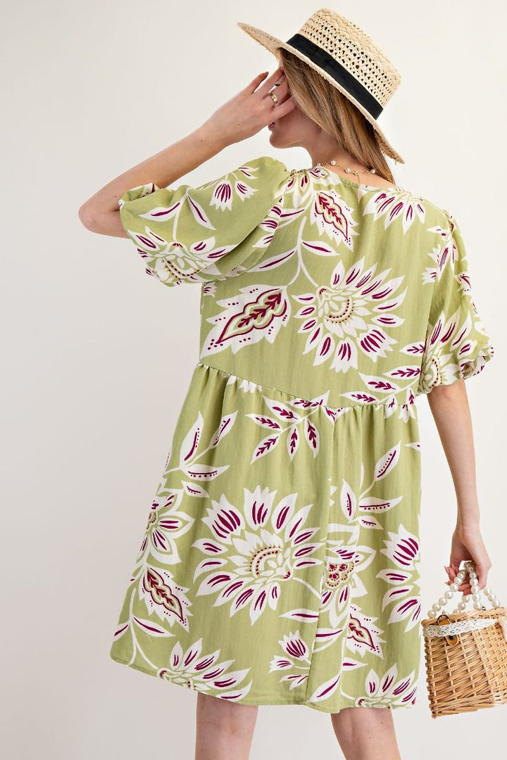 Printed Linen Midi Dress in Sage