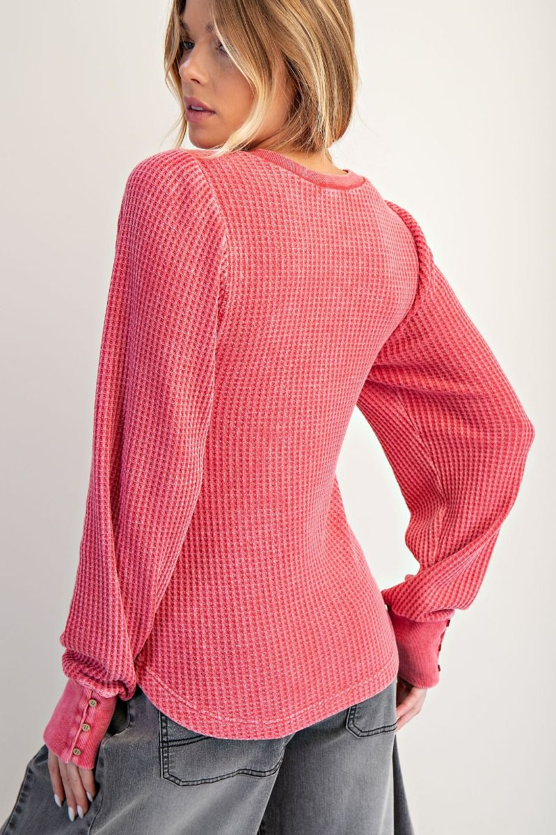 Washed Thermal Henley Top in Boho Red