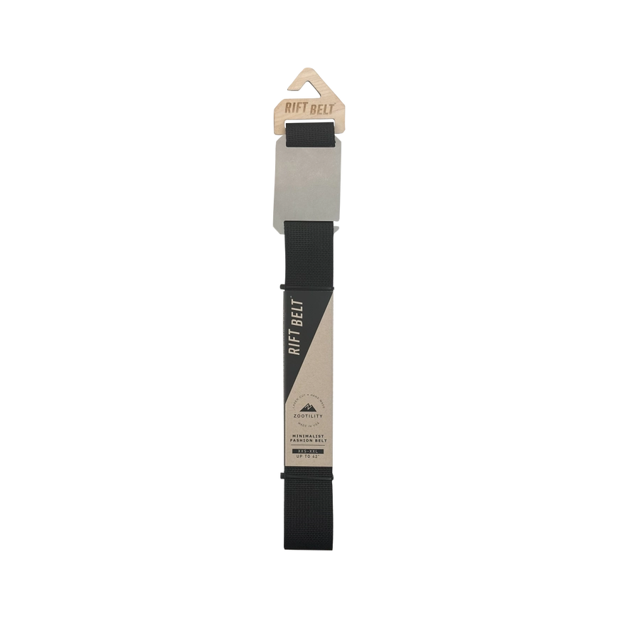 Black belt with beige label on a white background