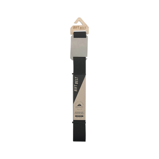 Black belt with beige label on a white background