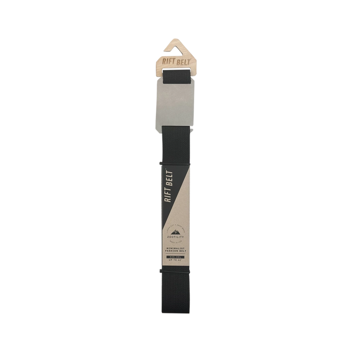 Black belt with beige label on a white background