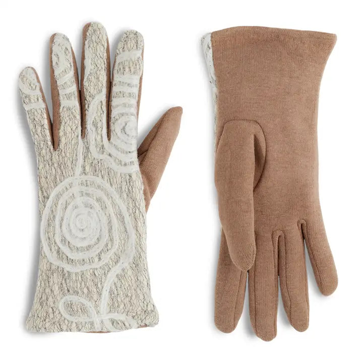 Pair of gloves with one beige and one brown patterned design on a white background