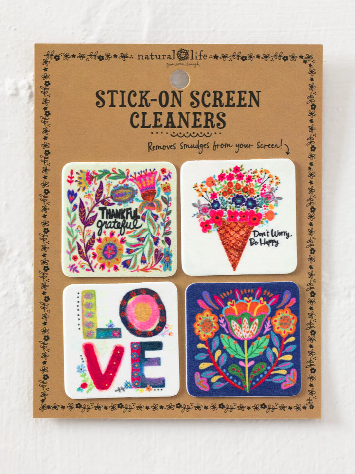Pack of stick-on screen cleaners with colorful designs on a cardboard backing.