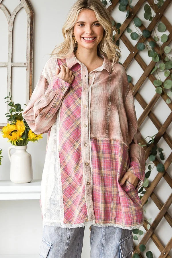 Adeline Mixed Plaid and Lace Shacket
