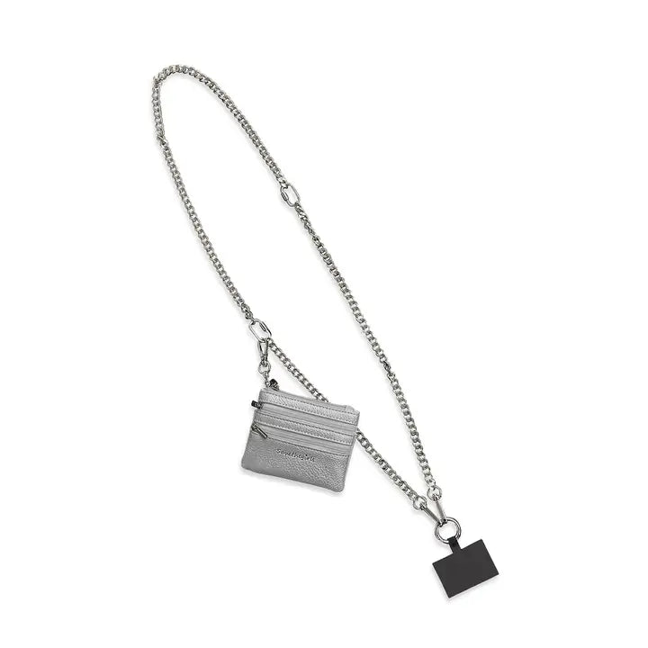 Clip and Go Crossbody Chain with Zippered Pouch in Silver