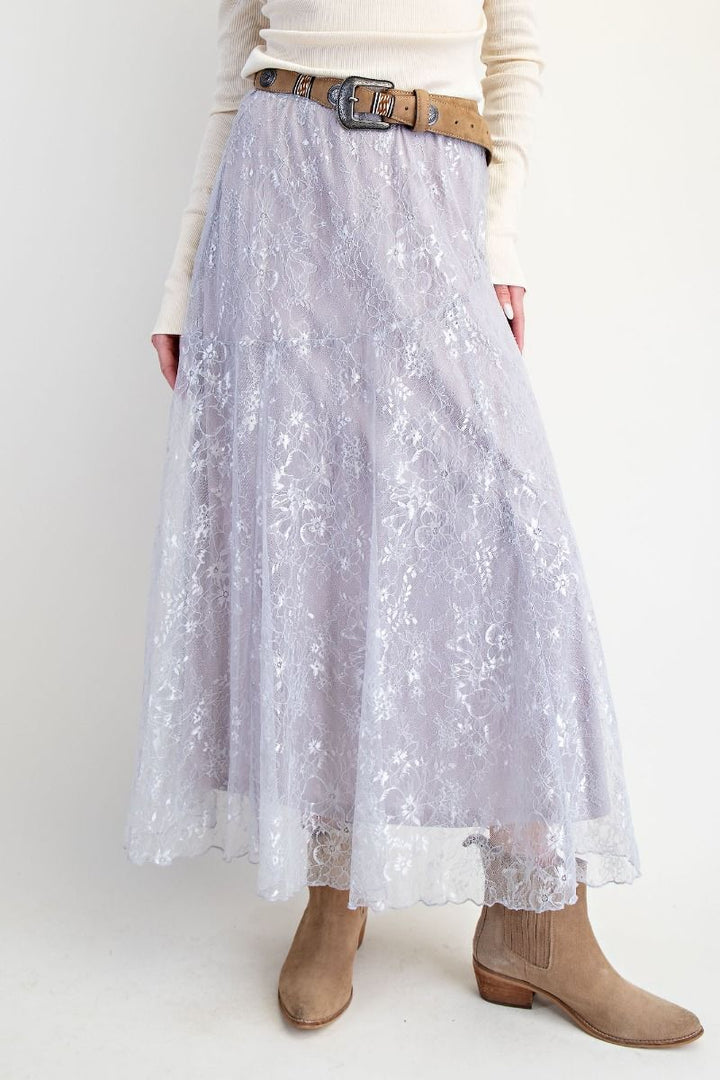 Gray maxi skirt with floral lace overlay