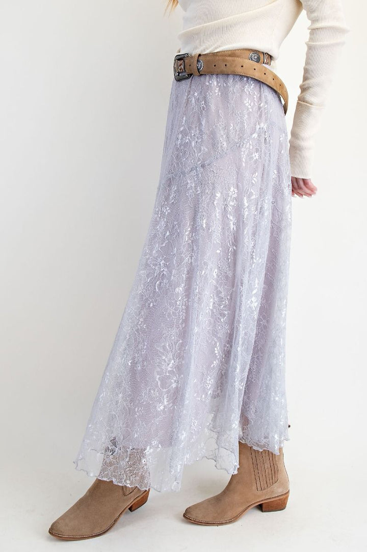 Allover Lace Skater Maxi Skirt in Silver