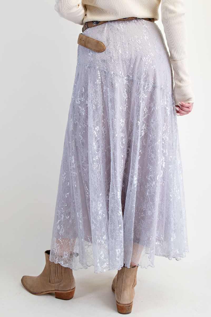 Gray maxi skirt with floral lace overlay