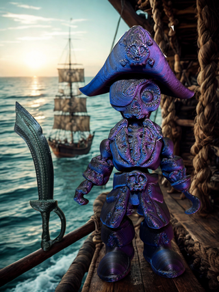 Pirate-themed figurine with a sword on a ship with a ship in the background.