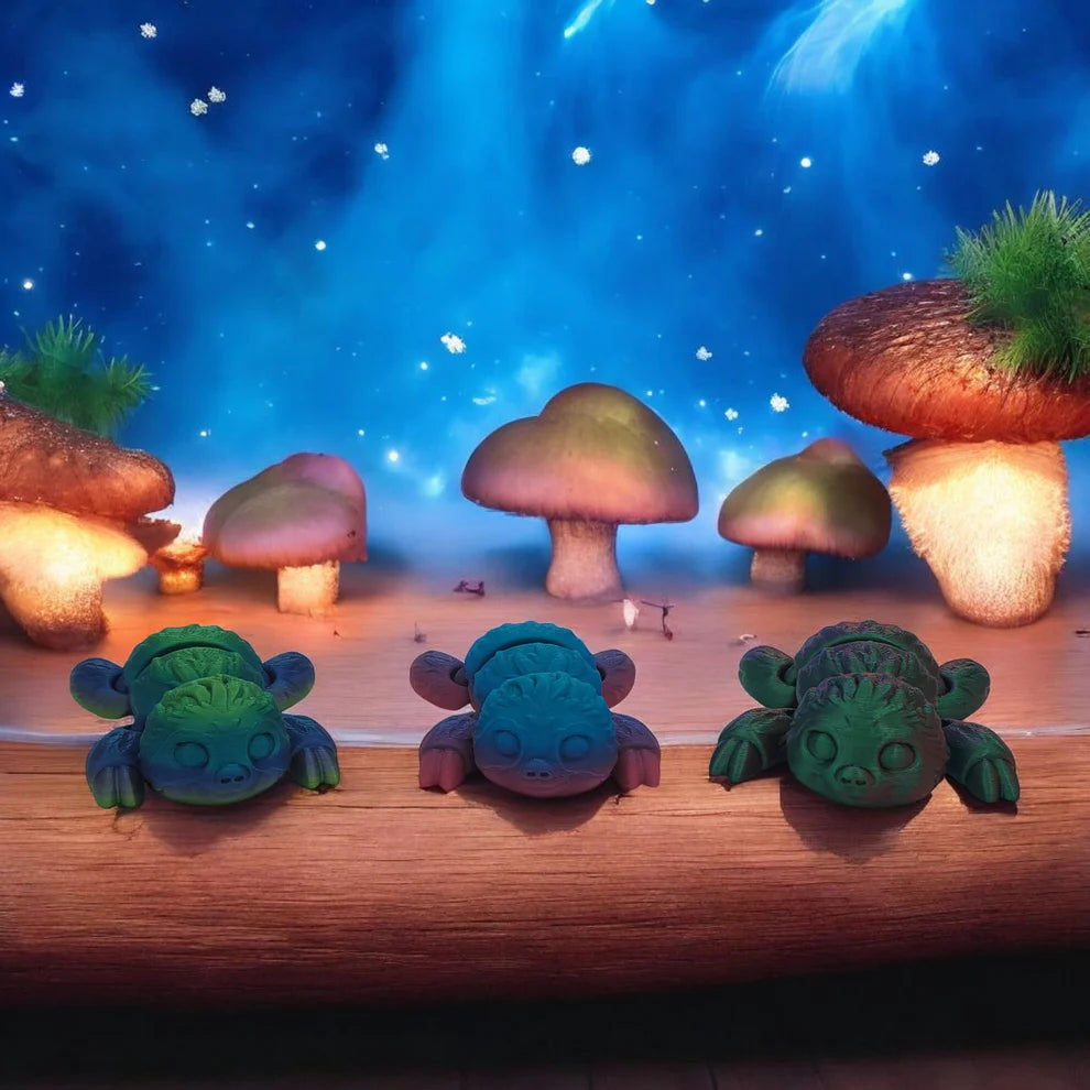 Three sloth toys on a log with mushrooms and a starry sky in the background