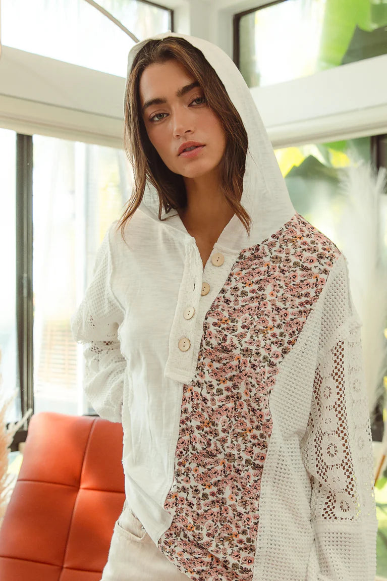 Slub Jersey and Lace Hoodie Top in Ivory