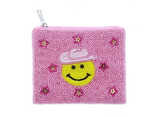 Pink Beaded with Happy Face with Cowboy Hat and Stars Coin Purse