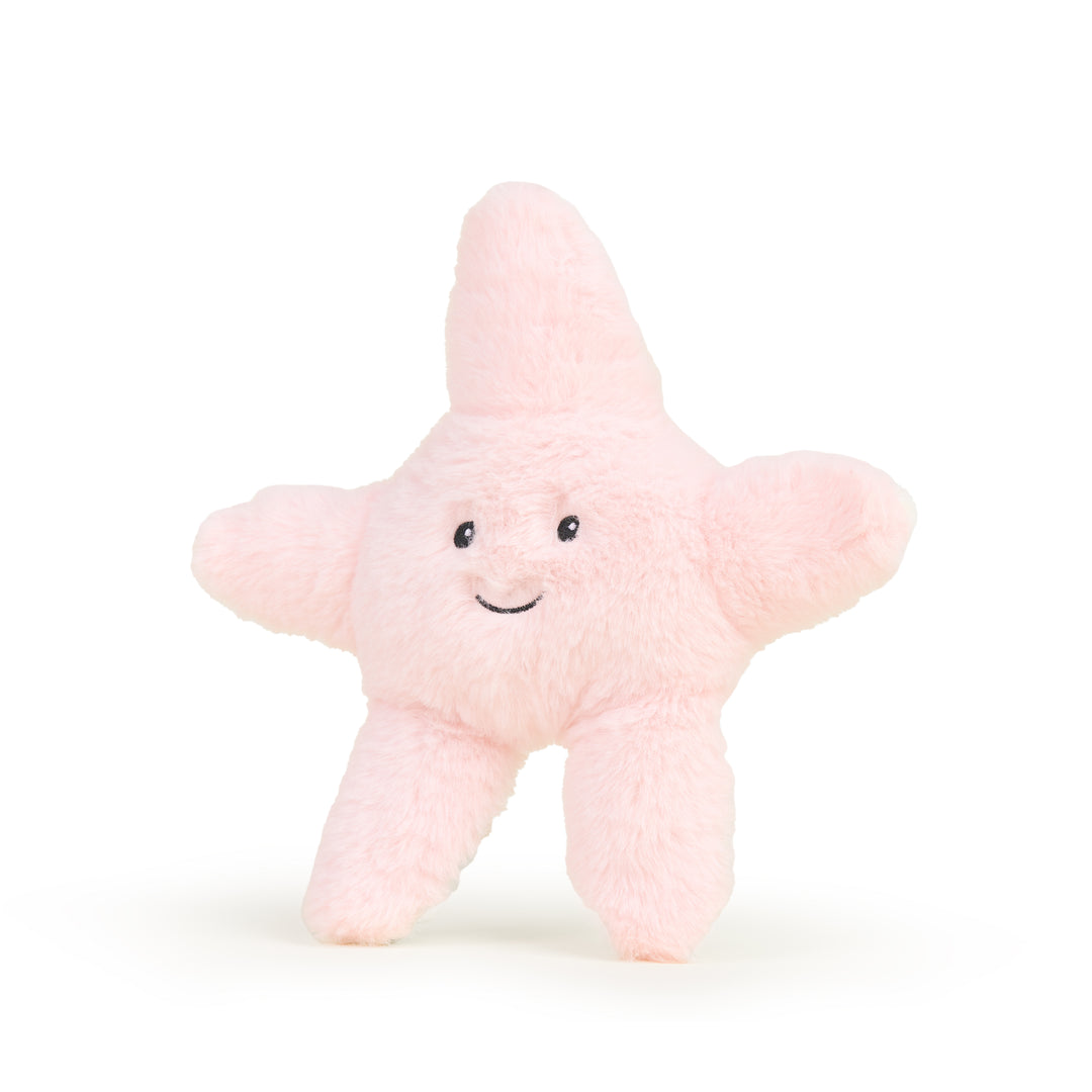 Pink plush starfish toy on a white background