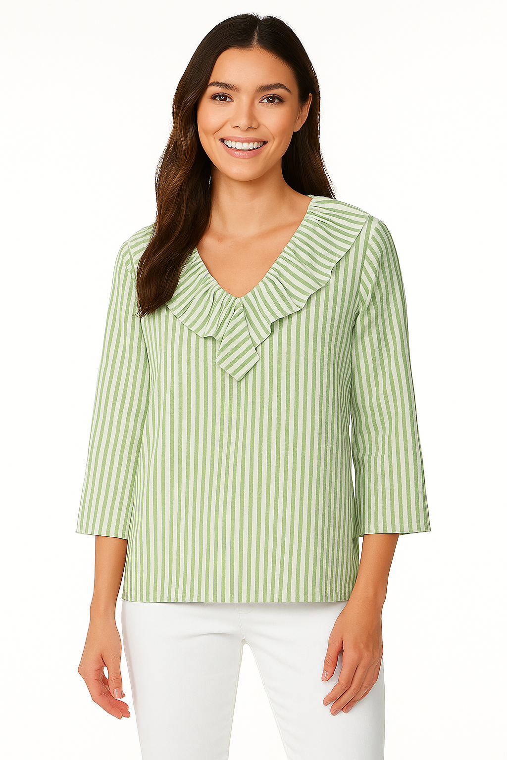 Woman wearing a green and white striped blouse with a ruffle detail on a white background